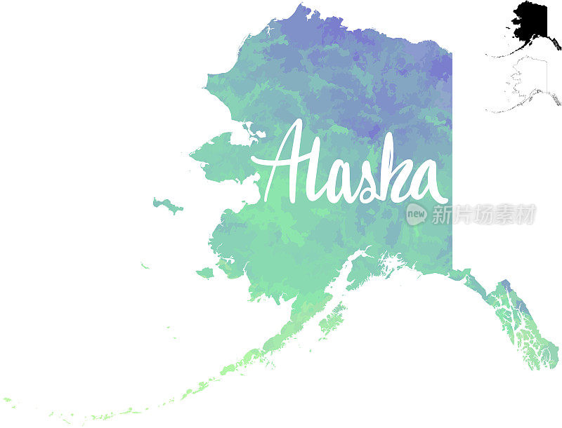 阿拉斯加美国水彩纹理颜色梯度矢量地图w/书法